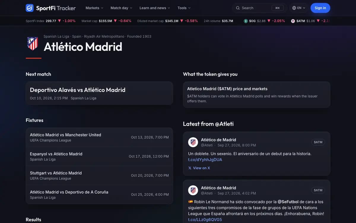 The Atlético Madrid club page on desktop: next match, fixtures and official posts