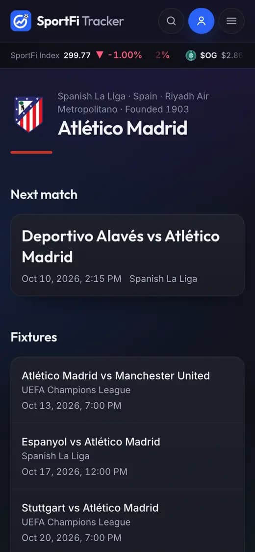 The Atlético Madrid club page on a phone: next match and fixtures