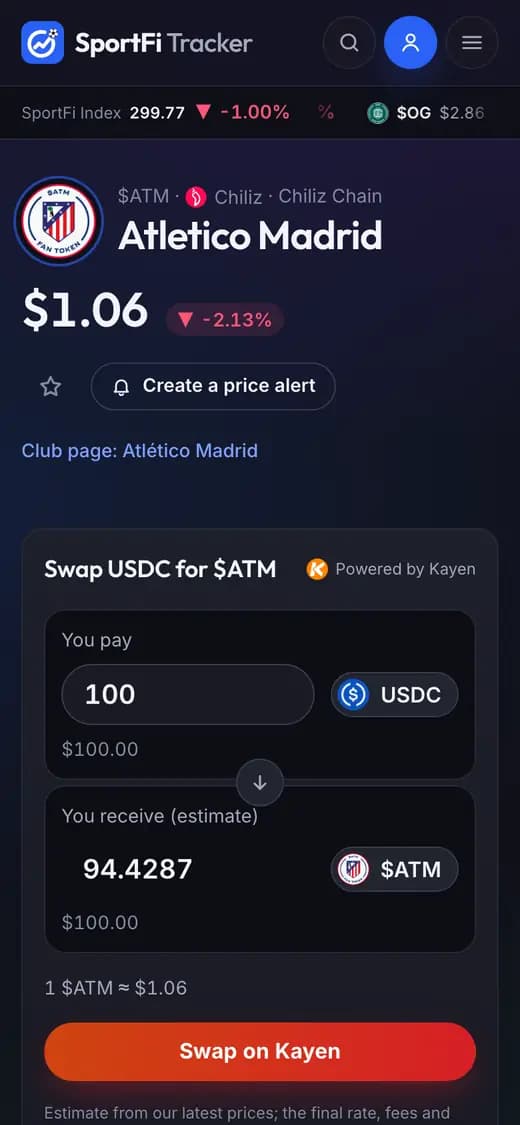 The Atletico Madrid fan token page on a phone: price, price alert button and swap panel